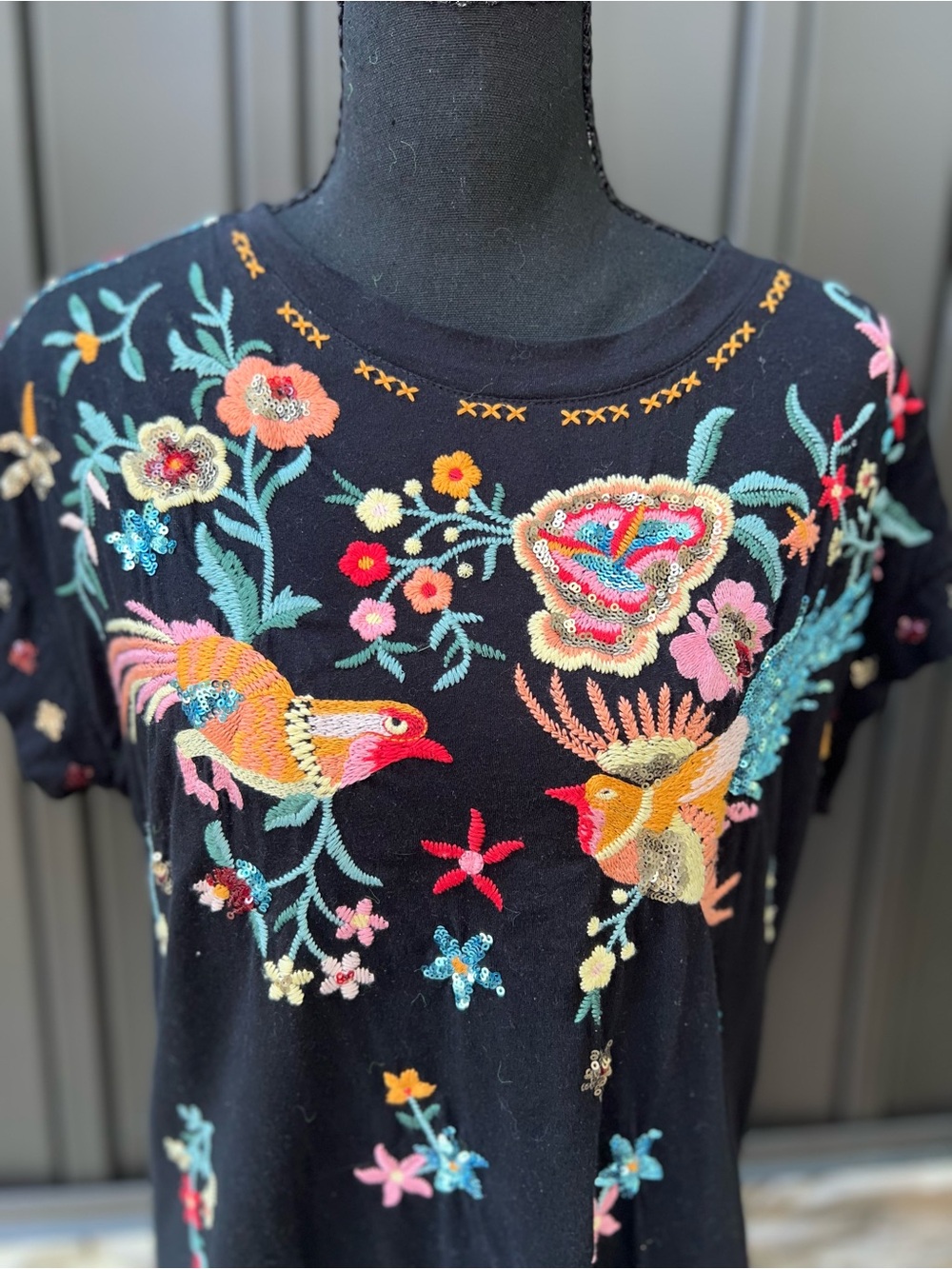 Embroidered Floral & Bird Black Women's Top - Picture 3 of 7